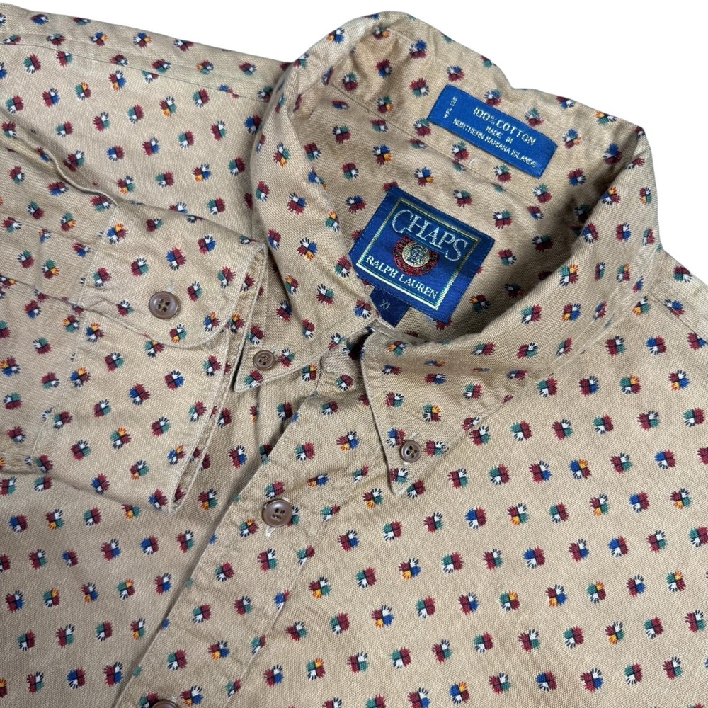 Ralph Lauren Chaps VTG Shirt Men’s‎ XL Tan 90s All Over Print Cotton Preowned